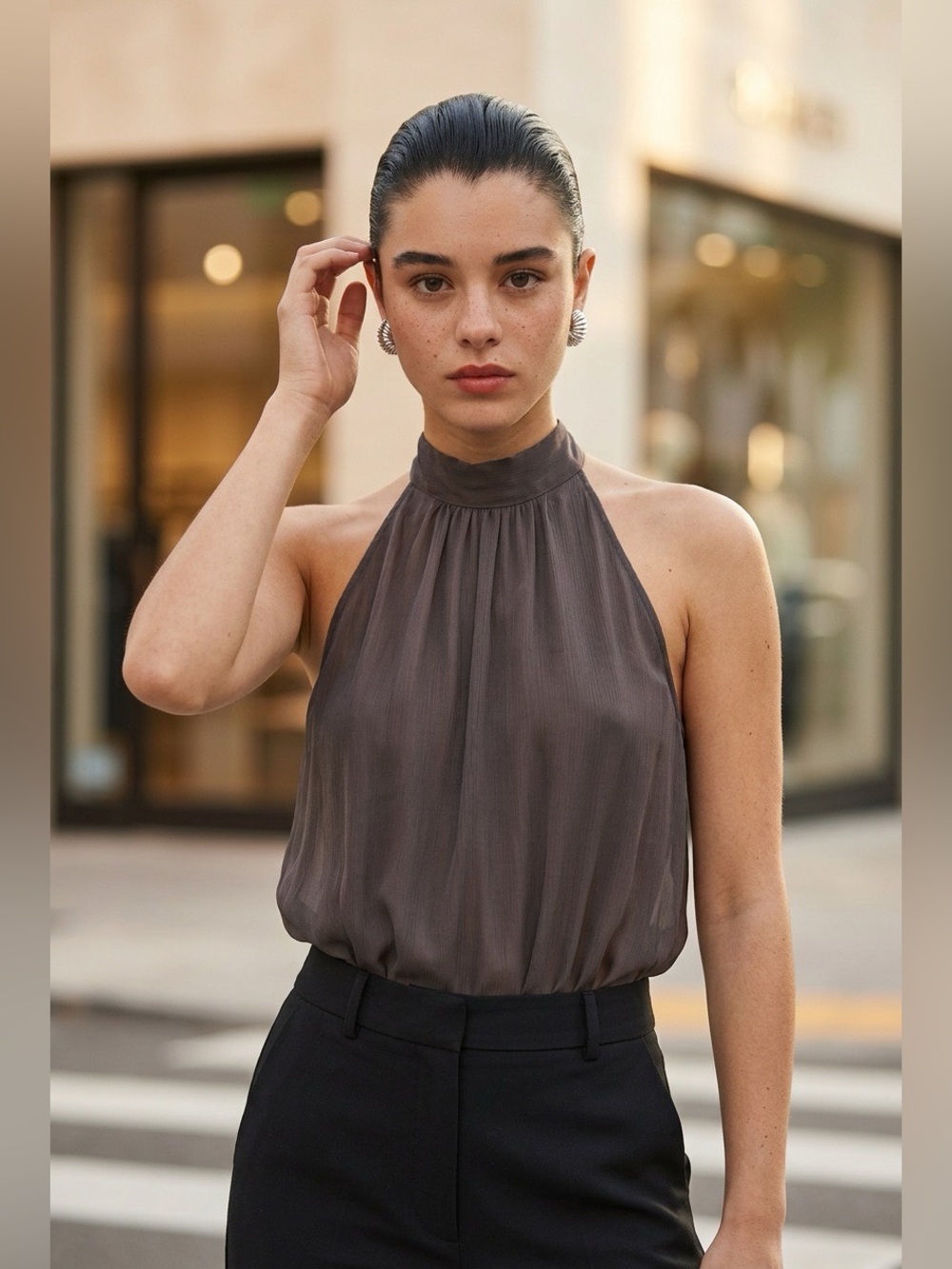 High-Neck Sleeveless Camisole Top in Taupe